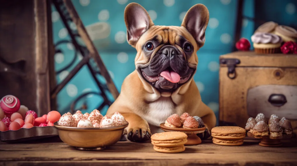 A fawn french bulldog sitting on a table of foods 